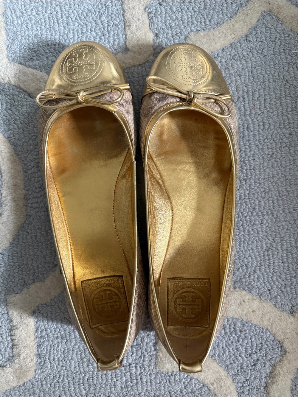 Tory Burch Metallic Gold Leopard Print Leather Bow Ballet Flats